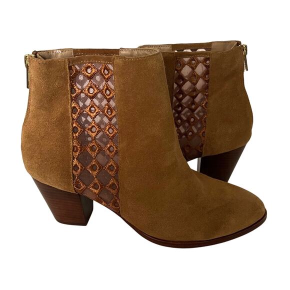 Anthropologie Women's Camel Suede Sheer Back Zip Boots Close Toe Tan Size 9M - Picture 1 of 12